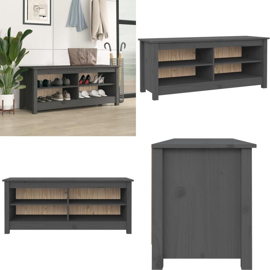 VidaXL Schoenenbank 110x38x45 5 cm massief grenenhout grijs Schoenenbank Schoenenbanken Opbergbank Schoenenkast