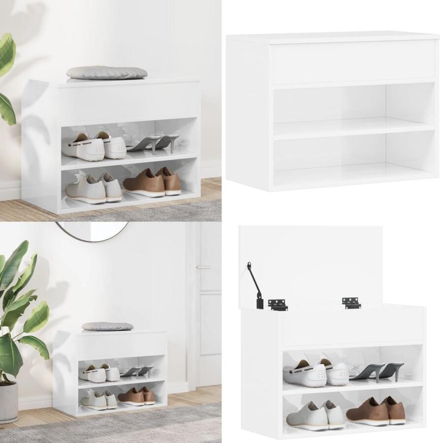 VidaXL Schoenenbank 60x30x45 cm bewerkt hout hoogglans wit Schoenenbank Schoenenbanken Opbergbank Opbergbanken