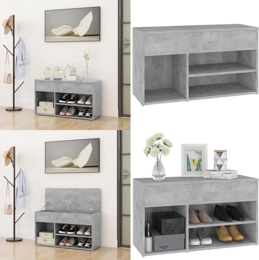 VidaXL Schoenenbank 80x30x45 cm bewerkt hout betongrijs Schoenenbank Schoenenbanken Opbergbank Opbergbanken