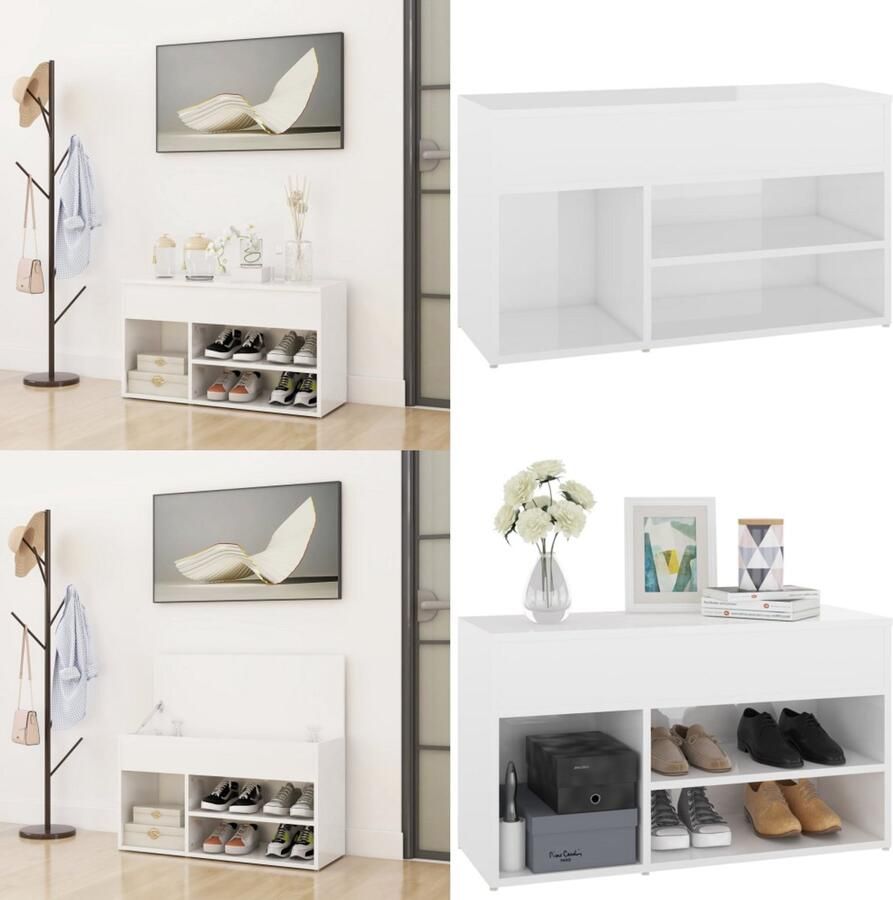 VidaXL Schoenenbank 80x30x45 cm bewerkt hout hoogglans wit Schoenenbank Schoenenbanken Opbergbank Opbergbanken