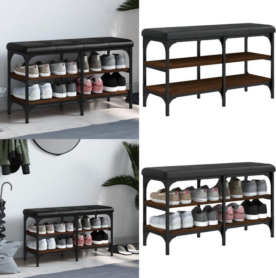 The Living Store Schoenenbank 82x32x47 cm bewerkt hout bruin eikenkleur Schoenenbankje Schoenenbankjes Halbankje Opbergbankje - Foto 2