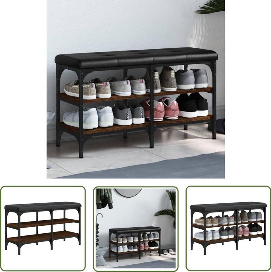 The Living Store Schoenenbank 82x32x47 cm bewerkt hout bruin eikenkleur Schoenenbankje Schoenenbankjes Halbankje Opbergbankje