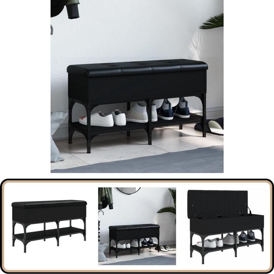 VidaXL Schoenenbank 82x32x45 cm bewerkt hout zwart Schoenenbank Houten Schoenenbank Zwarte Schoenenbank Entreemeubilair Opbergbanken - Foto 2