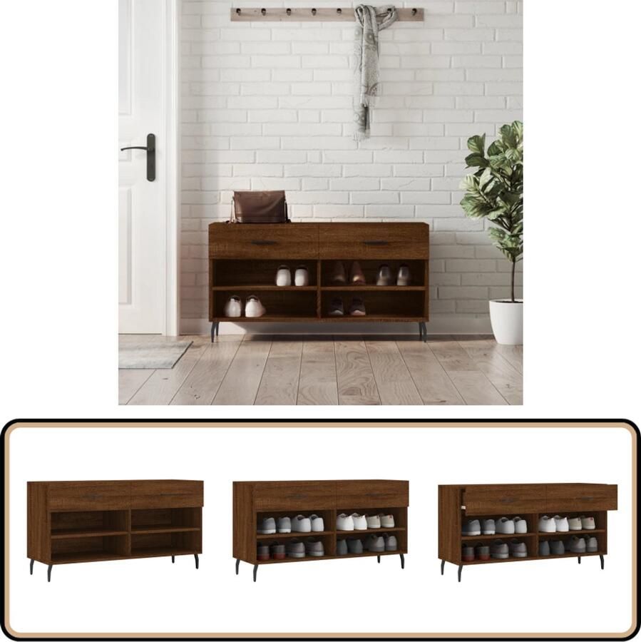 VidaXL Schoenenbank Bruin Eiken 102x35x55 cm Schoenenbank Schoenenkasten Opbergbank Houten Bank Industrieel Design