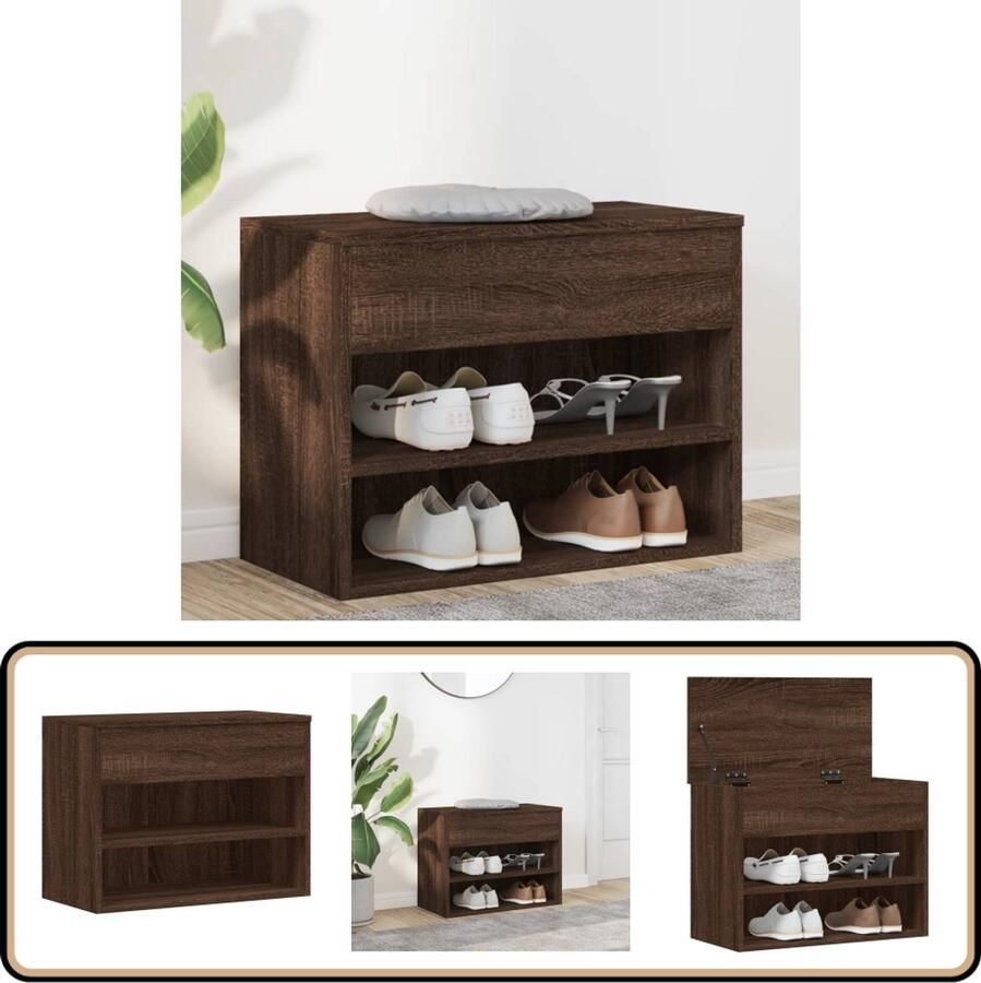 VidaXL Schoenenbank Bruineiken 60x30x45 cm Schoenenkast Schoenuitlegger Bergruimte Houten Bank Kast Met Vakken Opbergmeubel Bruine Meubels