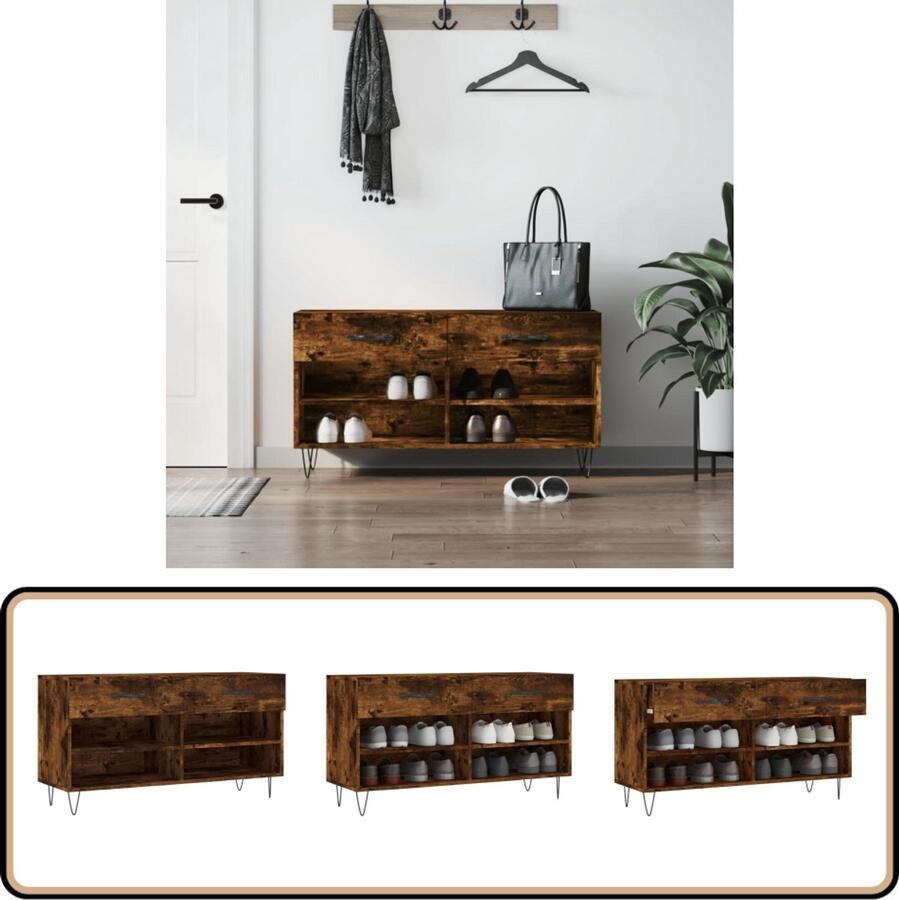 VidaXL Schoenenbank Gerookt Eiken 102x35x55 cm Schoenenbank Schoenenkasten Opbergbank Industrieel Design Bruine Bank