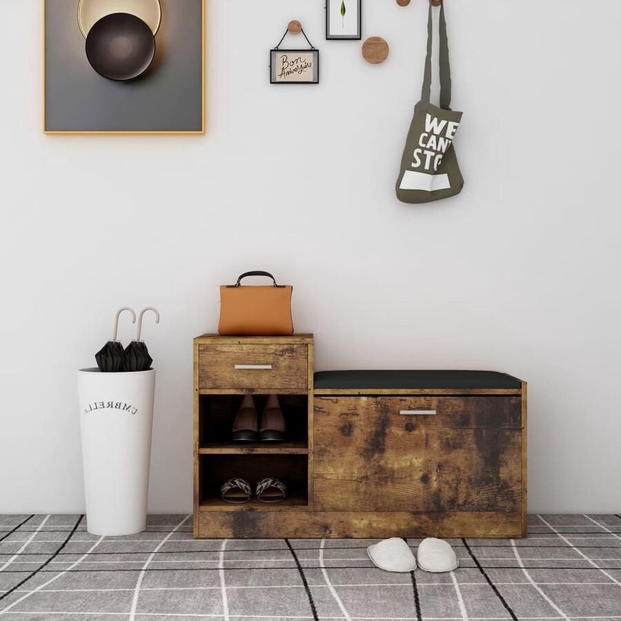 VidaXL Schoenenbank Gerookt Eiken 94 5x31x57 cm Schoenenkast Schoenuitlegers Entreemeubilair Hal Meubels Bruine Schoenenkast Houten Schoenenkast Vintage Schoenenkast Retro Schoenenkast Bergrek - Foto 2