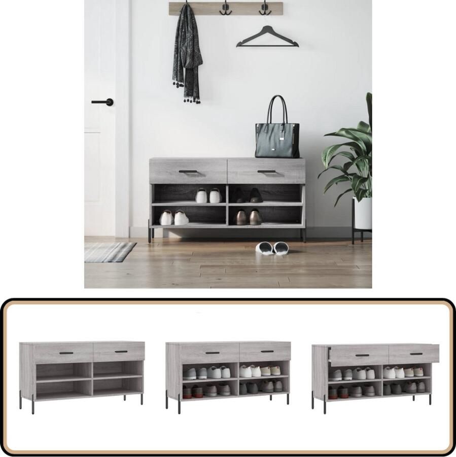 VidaXL Schoenenbank Grijs Sonoma 102x35x55 cm Schoenenbank Schoenuwen Kast Opbergbank Houten Bank Grijze Bank