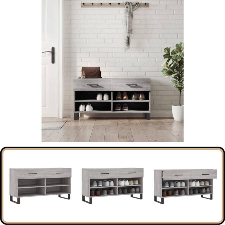 VidaXL Schoenenbank Grijs Sonoma Eiken 102x35x55 Schoenenkast Schoenuitlegger Bergruimte Houten Kast Grijze Kast Industrieel Design Vintage Look