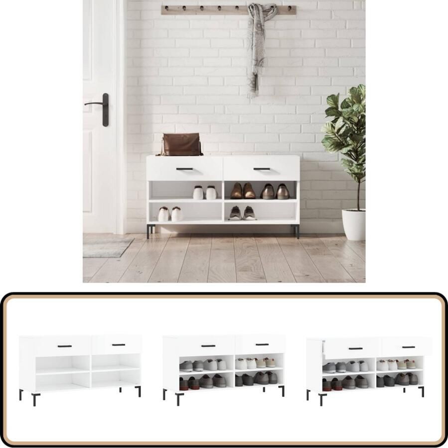 VidaXL Schoenenbank Hoogglans Wit 102 cm Schoenenbank Schoenenkasten Opbergbank Houten Bank Witte Bank
