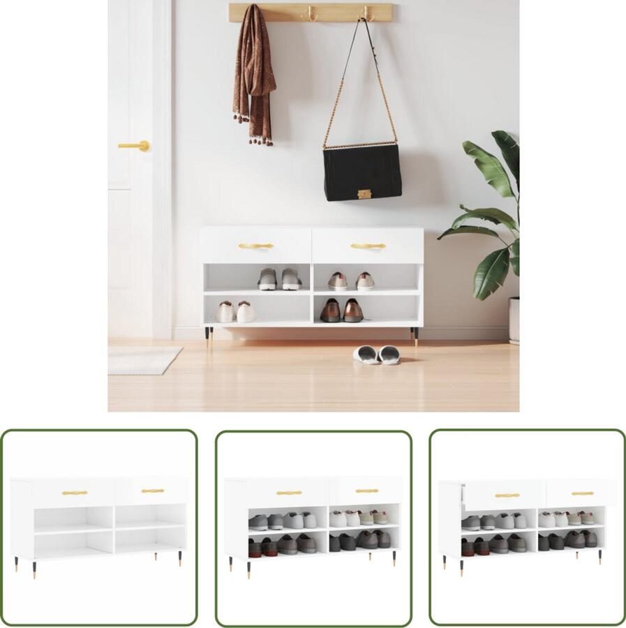 VidaXL Schoenenbank Hoogglans Wit 102x35x55 cm Schoenenbank Schoenuitlegers Opbergmeubilair Houten Bank Wit Meubilair Industrieel Design Binnenhuisdecoratie - Foto 2