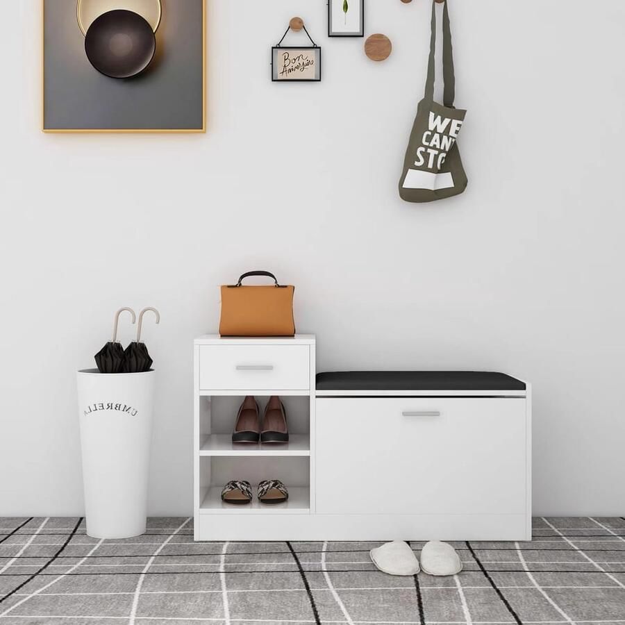 VidaXL Schoenenbank Hoogglans Wit 94 5 cm Schoenenkast Bank Meubilair Hal Gang Woonkamer Opbergruimte Witte Kast Moderne Design Schoenuitleg - Foto 2