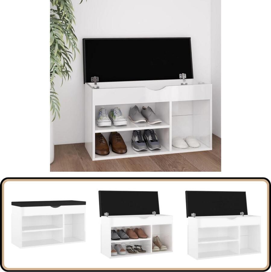 VidaXL Schoenenbank Hoogglans Wit Inclusief Kussen Schoenenbank Schoenenkasten Meubilair Interieurdecoratie Opslagruimte