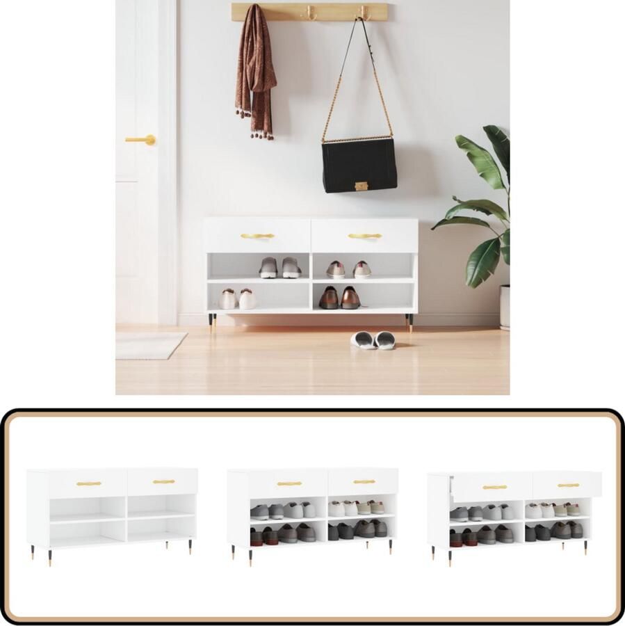 VidaXL Schoenenbank Hout en IJzer Wit 102x35x55 cm Schoenenbank Schoenuwen Kast Opslag Bank Houten Schoenenkast Witte Schoenenkast - Foto 2
