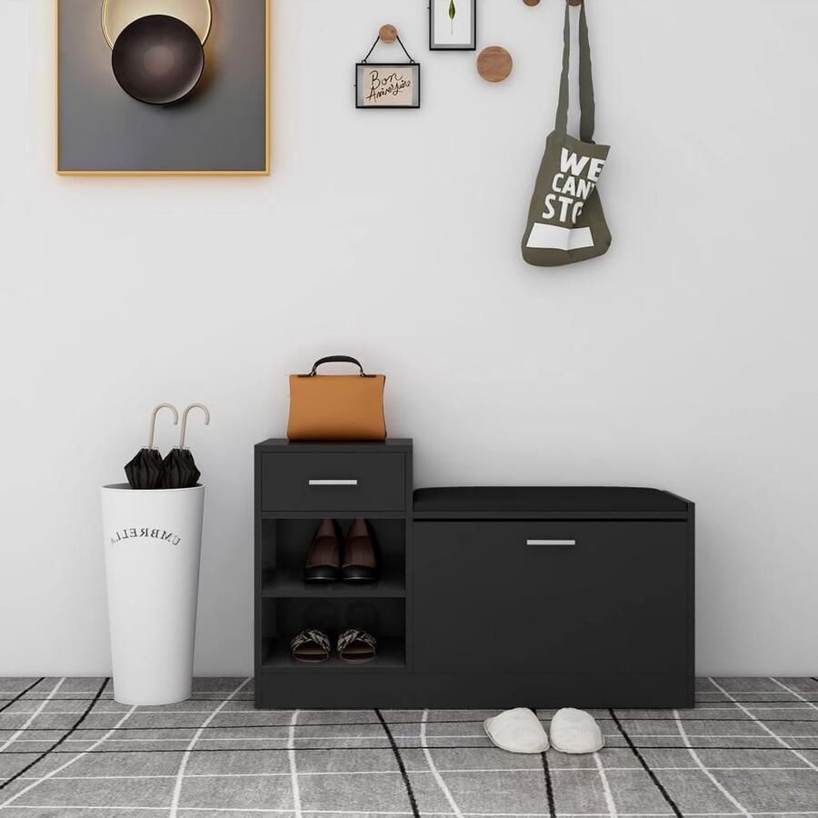 VidaXL Schoenenbank Hout en Kunstleer Zwart Schoenenkast Schoenuitlegers Entreemeubilair Meubels Gang Zwarte Schoenenkast Houten Schoenenkast Moderne Schoenenkast Opslagbank Bank Met Vakken - Foto 2