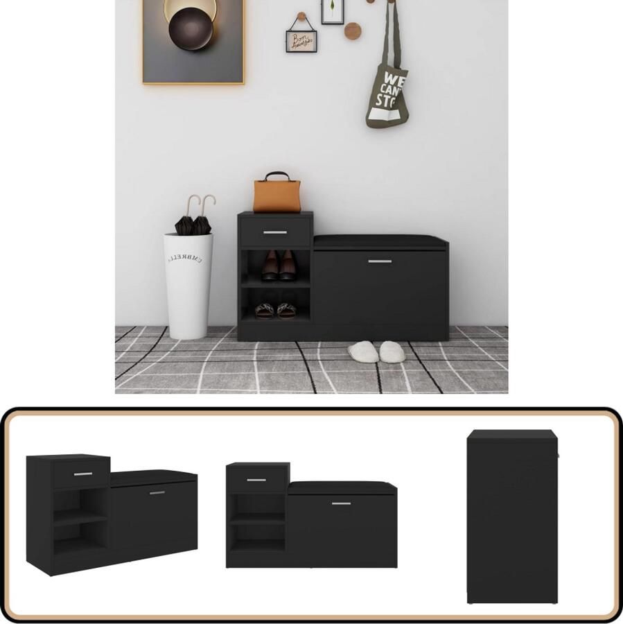 VidaXL Schoenenbank Hout en Kunstleer Zwart Schoenenkast Schoenuitlegers Entreemeubilair Meubels Gang Zwarte Schoenenkast Houten Schoenenkast Moderne Schoenenkast Opslagbank Bank Met Vakken