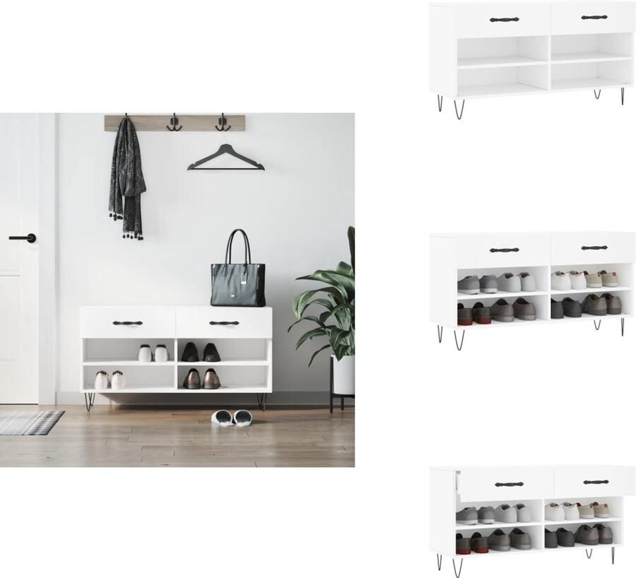 VidaXL Schoenenbank Schoenenbanken Opbergbank Schoenenkast Schoenenbank 102x35x55 cm bewerkt hout wit - Foto 2
