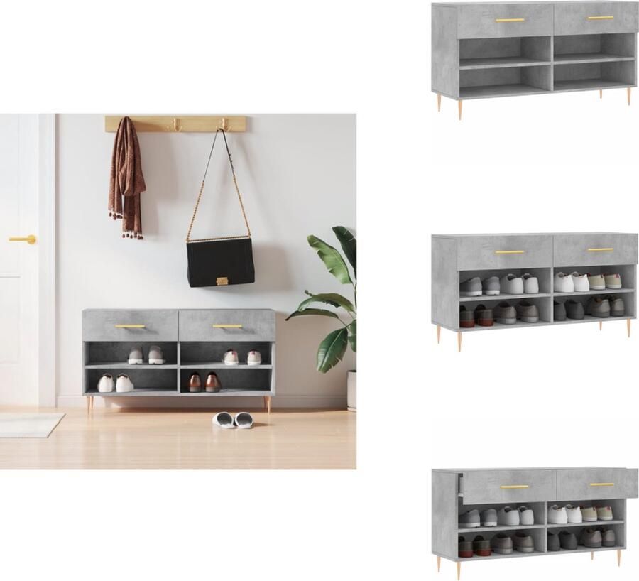 VidaXL Schoenenbank Betongrijs 102 x 35 x 55 cm Duurzaam bewerkt hout 2 lades en 4 planken Stabiel met ijzeren poten Schoenenkast