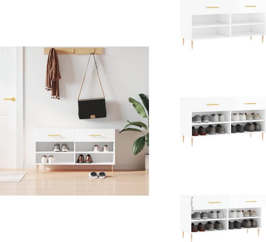 VidaXL Schoenenbank Schoenenbanken Opbergbank Schoenenkast Schoenenbank 102x35x55 cm bewerkt hout hoogglans wit - Foto 3