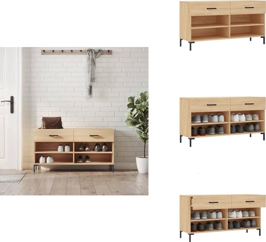 VidaXL Schoenenbank Trendy en praktisch Kleur- Bruineiken Afmetingen- 102 x 35 x 55 cm Duurzaam bewerkt hout en ijzer 2 lades 4 planken Stevig blad Ijzeren poten Montage vereist Schoenenkast - Foto 2