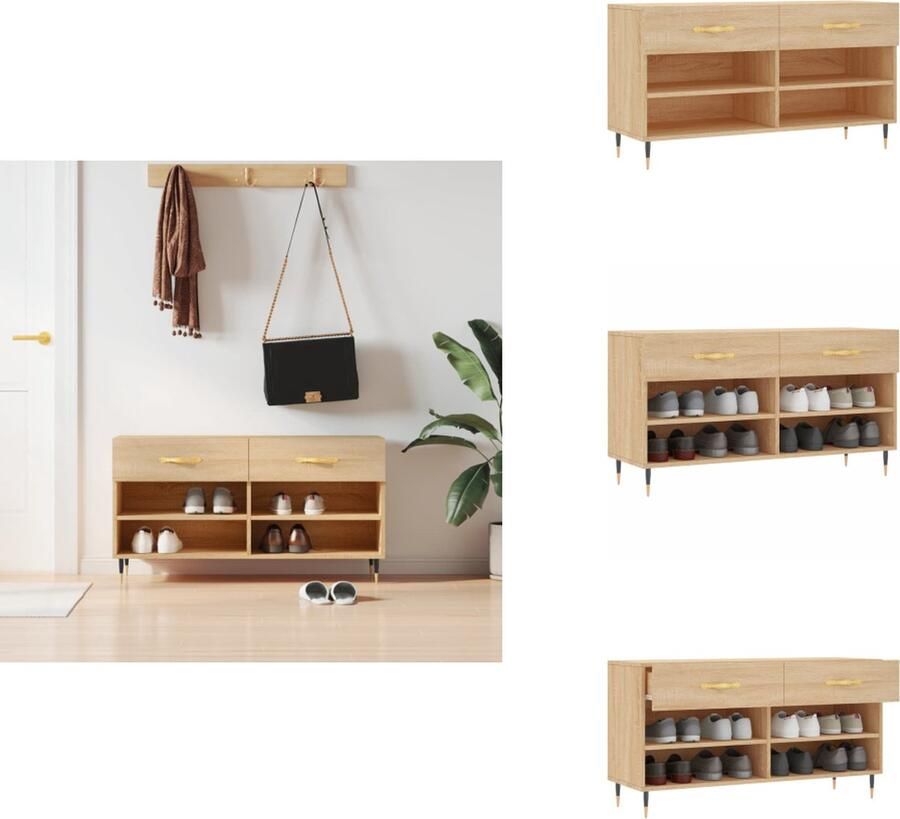 VidaXL Schoenenbank Trendy en praktisch Kleur- Bruineiken Afmetingen- 102 x 35 x 55 cm Duurzaam bewerkt hout en ijzer 2 lades 4 planken Stevig blad Ijzeren poten Montage vereist Schoenenkast - Foto 3
