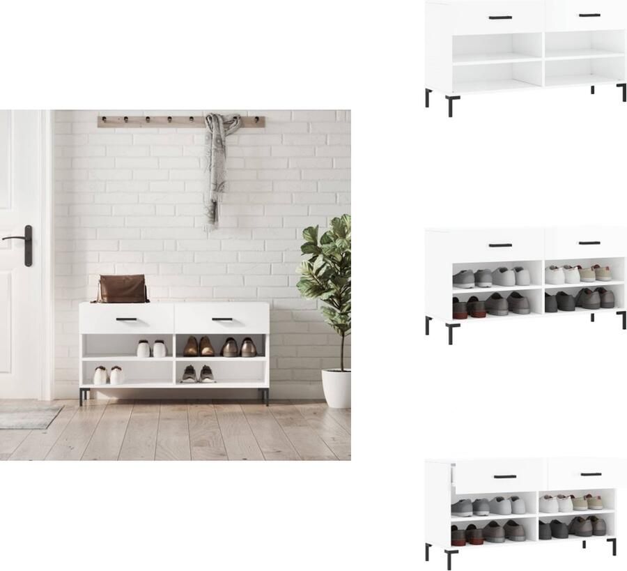 VidaXL Schoenenbank Schoenenbanken Opbergbank Schoenenkast Schoenenbank 102x35x55 cm bewerkt hout hoogglans wit - Foto 2