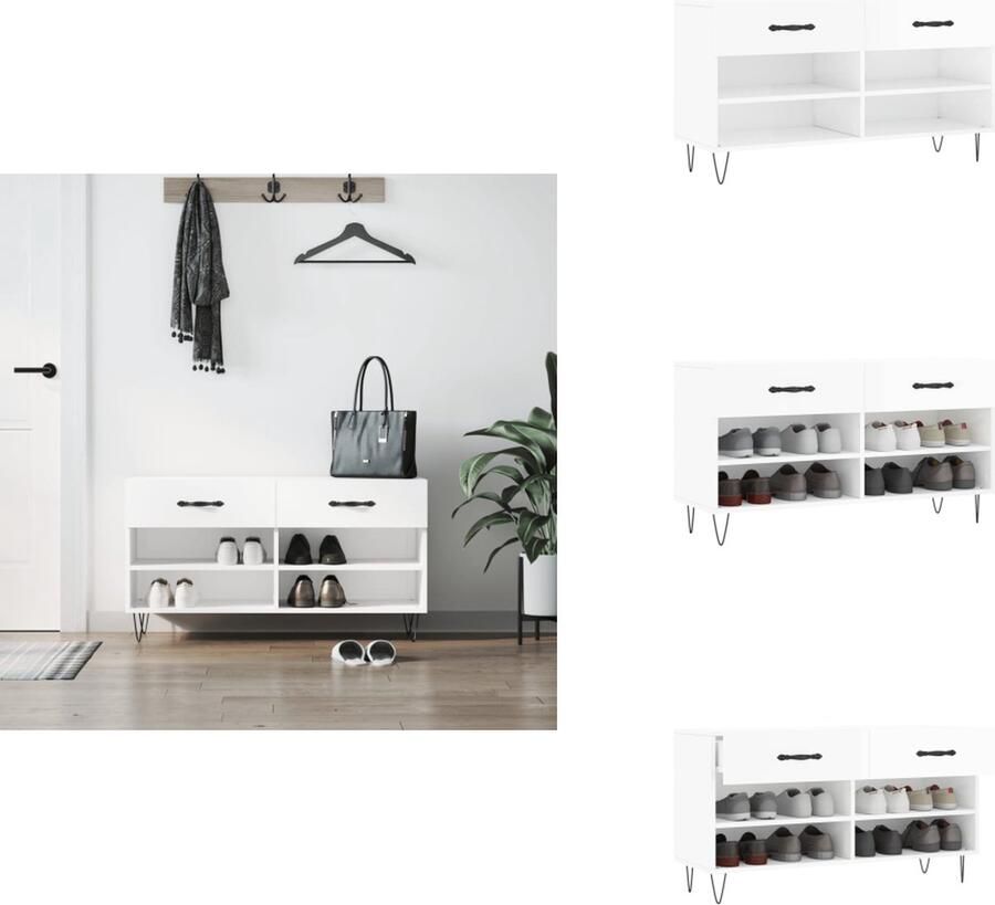 VidaXL Schoenenbank Schoenenbanken Opbergbank Schoenenkast Schoenenbank 102x35x55 cm bewerkt hout hoogglans wit