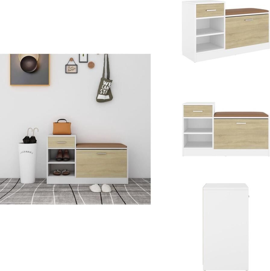 VidaXL Schoenenbank Schoenenbanken Schoenenbankje Schoenenbank 94 5x31x57 cm bewerkt hout wit sonoma eikenkleurig