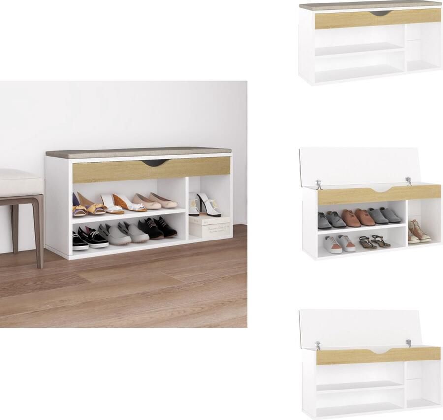 VidaXL Schoenenbank Schoenenbanken Schoenenbankje Schoenenbank en kussen 104x30x49 cm spaanplaat wit sonoma eiken