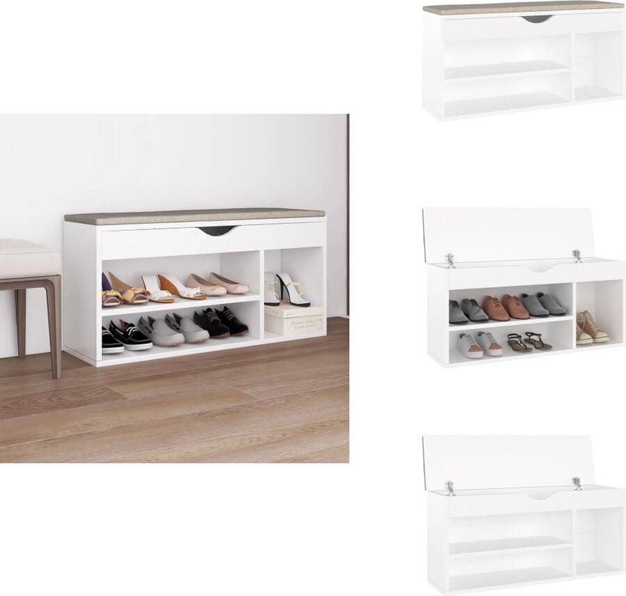 VidaXL Schoenenbank Schoenenbanken Schoenenbankje Schoenenbank met kussen 104x30x49 cm bewerkt hout wit