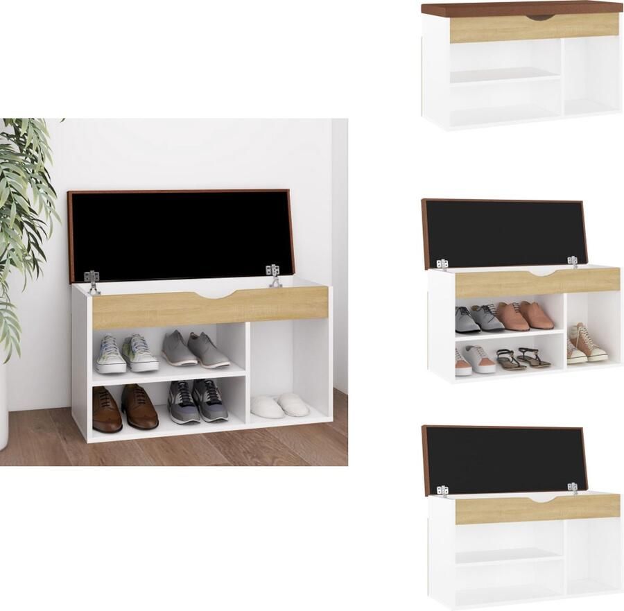 VidaXL Schoenenbank Schoenenbanken Schoenenbankje Schoenenbank met kussen 80x30x47 cm spaanplaat wit sonoma eiken