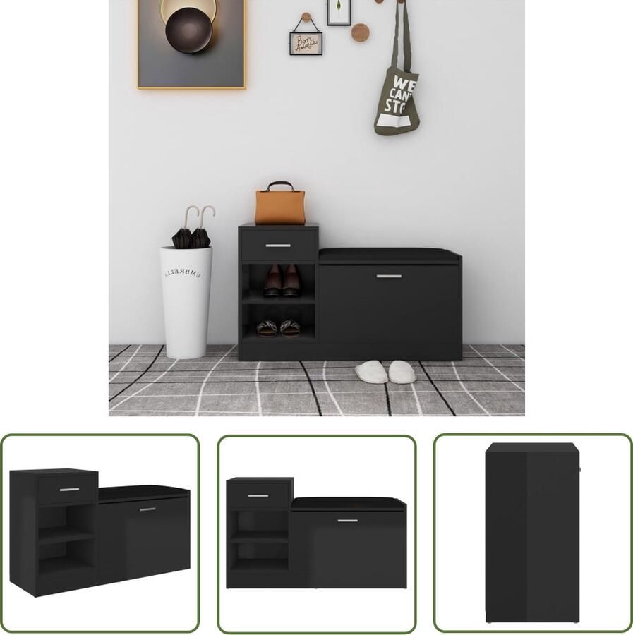 The Living Store Schoenenkast Modern Spaanplaat Hoogglans Zwart 94.5 x 31 x 57 cm Schoenenkast Schoenenbank Schoenuitlegers Entree Meubilair Opbergbenodigdheden - Foto 2