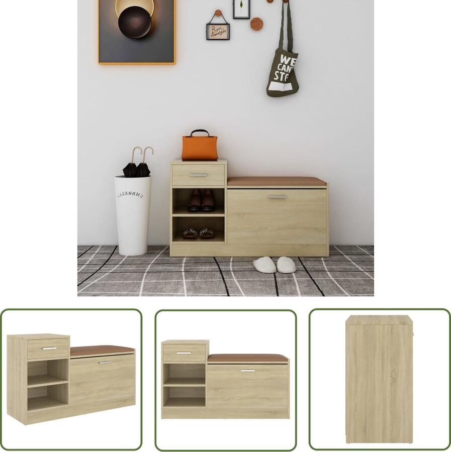 The Living Store Schoenenbank 94 5x31x57 cm bewerkt hout sonoma eikenkleurig Schoenenkast Schoenenbank Bergrek Organisatie Entree Meubilair - Foto 2
