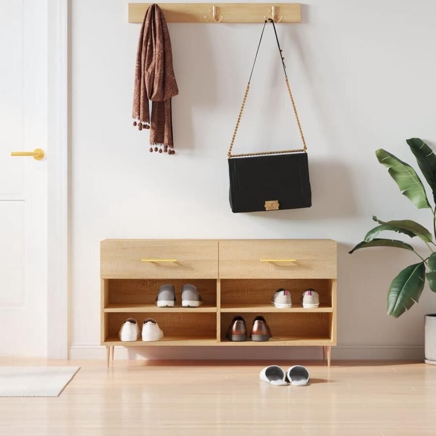 VidaXL Schoenenbank Sonoma Eiken 102x35x55 cm Schoenenbank Schoenenkasten Opbergbank Houten Bank Bruine Bank Industrieel Design Voetenplank - Foto 2