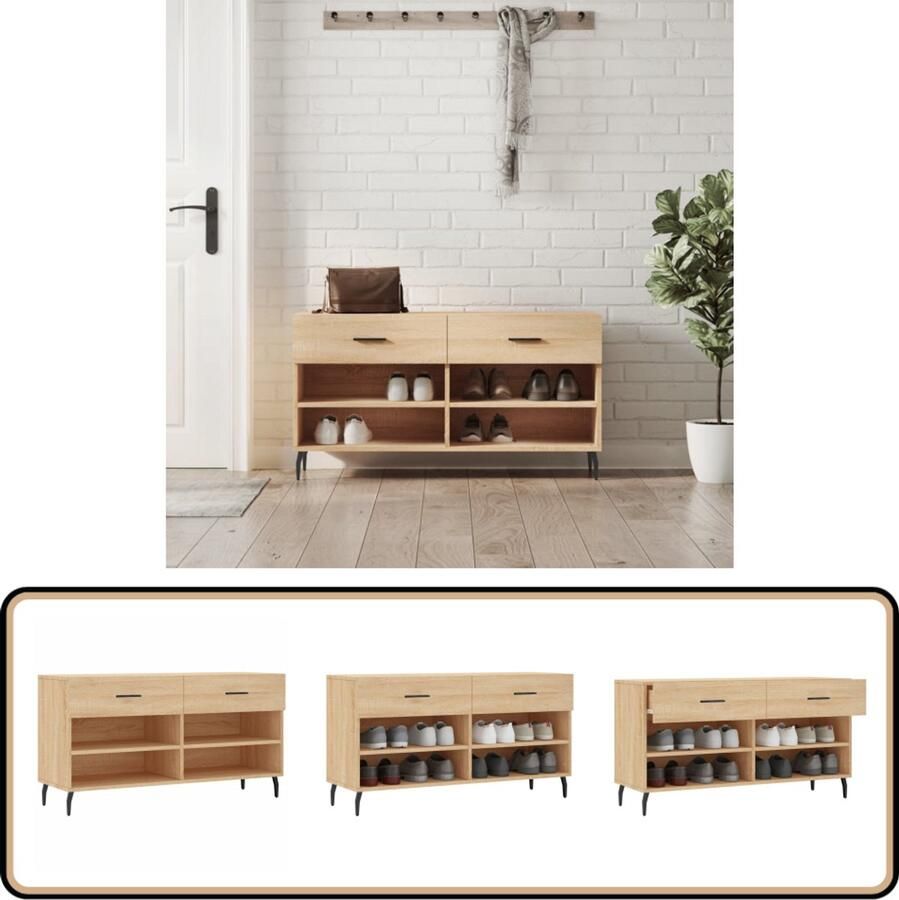 VidaXL Schoenenbank Sonoma Eiken Hout en IJzer Schoenenkast Schoenenbank Opbergbank Houten Kast Bruine Kast Vintage Kast Industrieel Design Schoenuitlegger