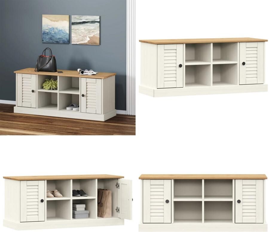 VidaXL Schoenenbank VIGO 106x35x40 cm massief grenenhout wit Schoenenbank Schoenenbanken Schoenenrek Schoenenkast