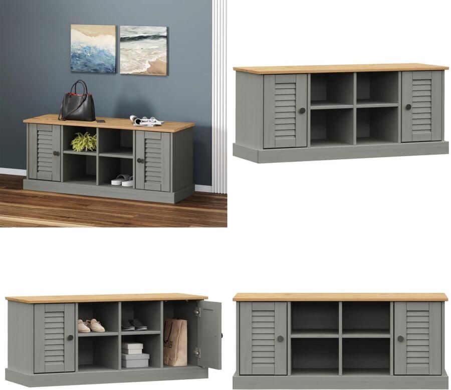 VidaXL Schoenenbank VIGO 106x35x45 cm massief grenenhout grijs Schoenenbank Schoenenbanken Schoenenrek Schoenenkast