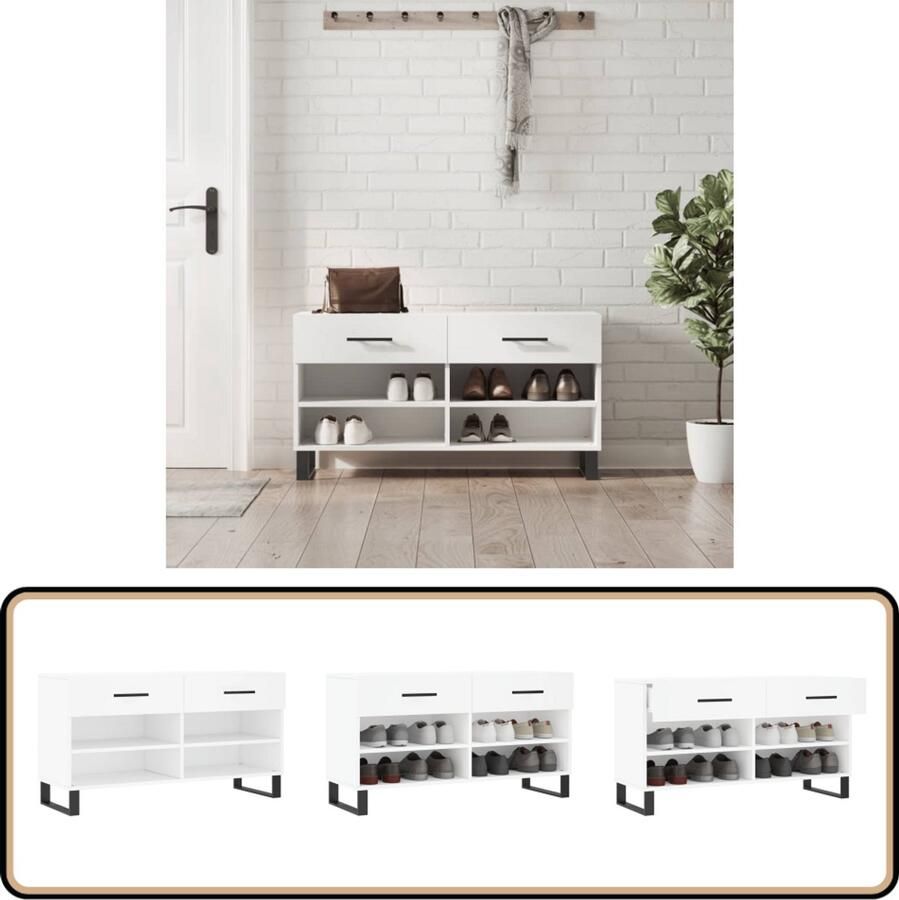 VidaXL Schoenenbank Wit Bewerkt Hout 102x35x55cm Schoenenbank Industrieel Design Houten Bank Stoere Bank Opbergruimte Schoenuitlegger Wit