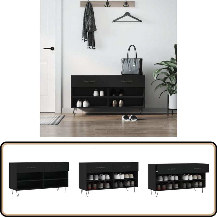 VidaXL Schoenenbank Zwart 102x35x55 cm Hout & IJzer Schoenenbank Schoenuitlegger Opbergbank Houten Bank Zwarte Bank Industrieel Design Stabiele Schoenenkast