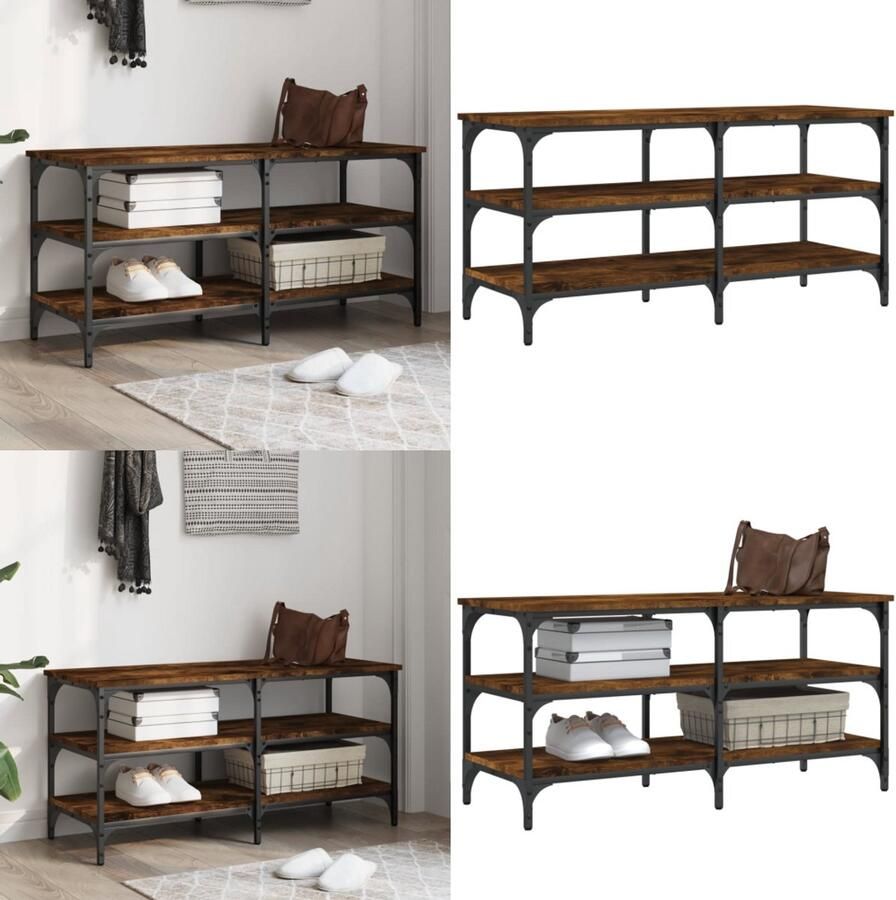 VidaXL Schoenenbankje 100x38 5x49 cm bewerkt hout gerookt eikenkleurig Schoenenbankje Schoenenbankjes Halbankje Opbergbankje