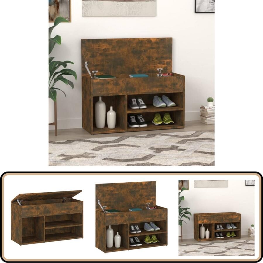 The Living Store Schoenenbank Gerookt eiken 80 x 30 x 45 cm Praktisch opbergmeubel Schoenenbank Schoenenkasten Opbergbank Houten Bank Bruine Bank - Foto 2