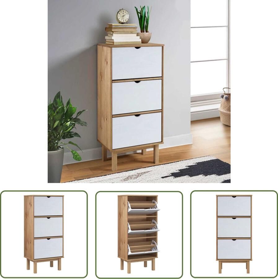 The Living Store OTTA Schoenenkast 55 x 35 x 120 cm Massief grenenhout Bruin en wit Schoenenkast Schoenendoos Bergruimte Garderobe Entryway Furniture - Foto 2