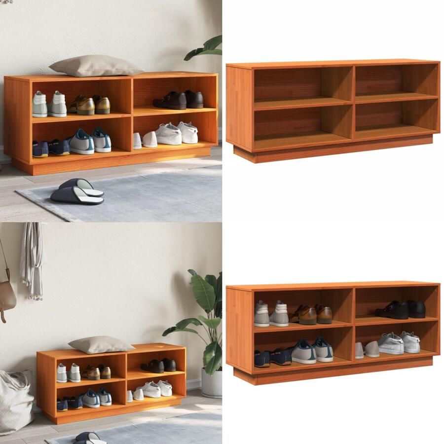 VidaXL Schoenenkast 110x34x45 cm massief grenenhout wasbruin Schoenenkast Schoenenkasten Schoenenopberger Schoenenrek