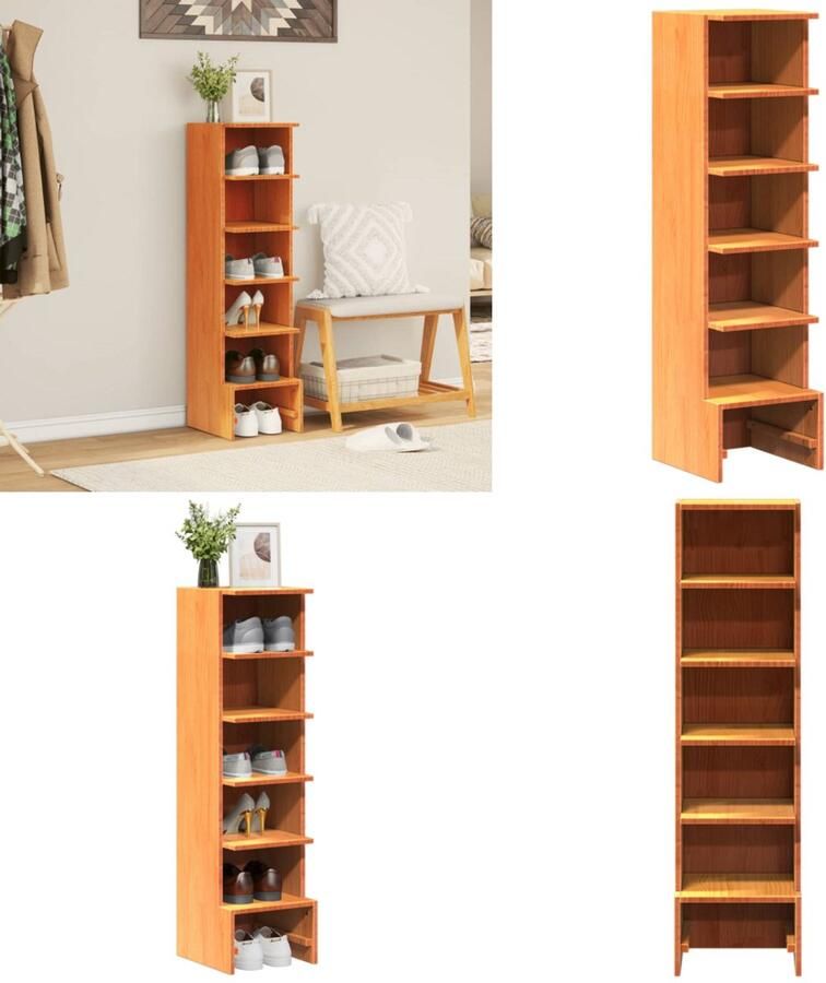 VidaXL Schoenenkast 28x30x104 cm massief grenenhout wasbruin Schoenenkast Schoenenkasten Schoenenrek Schoenenbank