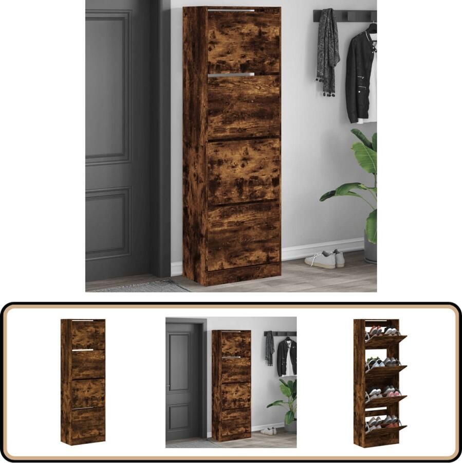 VidaXL Schoenenkast 4 klaplades Gerookt eiken Schoenenkast Schoenenkasten Schoenenrek Schoenen Kast