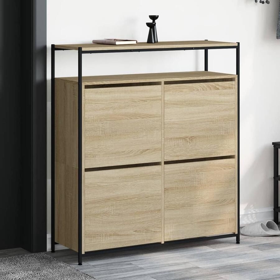 VidaXL Schoenenkast Schoenenkasten Schoenenrek Schoenen Kast Schoenenkast met 4 klaplades 100x34x112 cm sonoma eikenkleurig - Foto 2