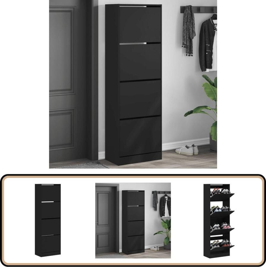 VidaXL Schoenenkast 4 klaplades Zwart 60x34x187 5 cm Schoenenkast Schoenenkasten Schoenenrek Schoenen Kast