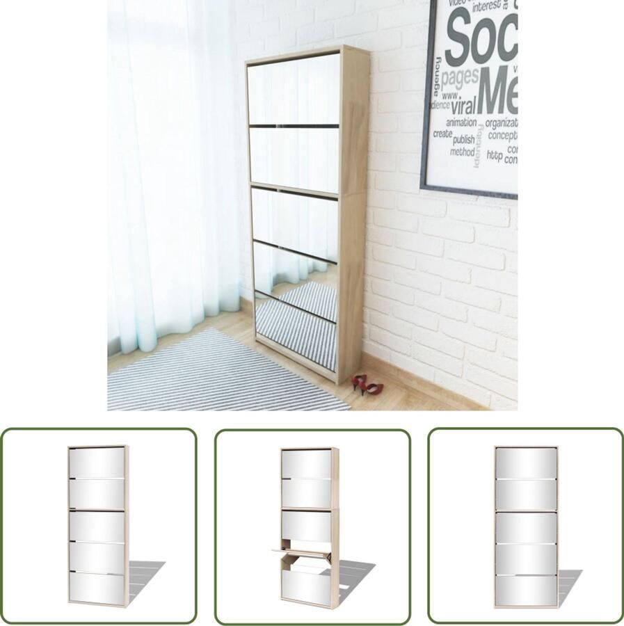 VidaXL Schoenenkast 5 Lades Spiegel Eikenhout Schoenenkast Eikenhouten Kast Wandmontage Schoenuitlegers Bergruimte Entree Meubilair Organisatie Interieurdecoratie Vintage Style Modern Furniture Bruine Kast