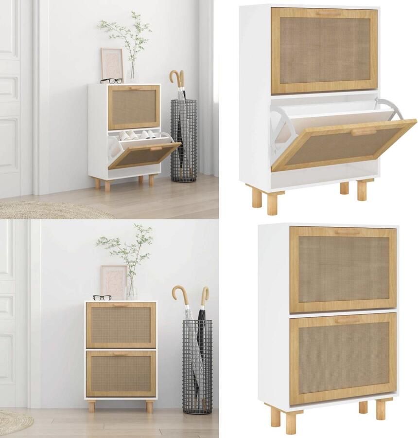 VidaXL Schoenenkast 52x25x80 cm bewerkt hout en natuurlijk rattan wit