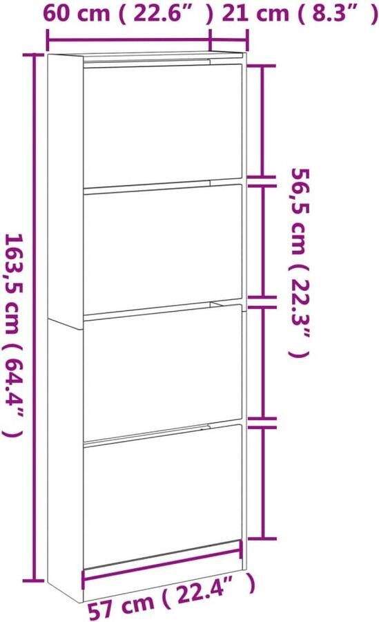 VidaXL Schoenenkast 60x21x163 5 cm bewerkt hout bruineikenkleurig